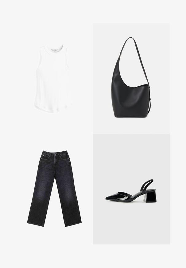Next RACER STANDARD - Top - white rib; Vysoké čierne denimmové džínsy so širokým strihom, dizajnom s piatimi vreckami a viditeľným šitím. Tkanina má hladký, mierne textúrovaný povrch.; Čierne lakované kožené sandálové podpätky s špicatou špičkou a geometrickým blokovým podpätkom. Disponujú elegantným, minimalistickým dizajnom a hladkým povrchom.; Čierna kožená hobo taška so hladkou textúrou, zakriveným tvarom a jedným nastaviteľným popruhom; má široké otvorenie na vrchu.