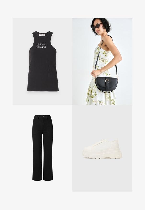 Juodas grublėtas liemeniukas su aukštu kaklu ir lenkimo dizainu. Yra balti siuvinėti raštu: "REPLAY MonteCarlo CountryClub."; Juodos, aukšto juosmens kelnės su tiesioginiu pjūviu, pagamintos iš lygaus medvilnės audinio. Yra priekinių kišenių ir paprastas metalinis mygtuko užsegimas.; Balti drobės sportbačiai su storu padu, apvalia nosimi ir penkiomis akytėmis raištams. Gale yra kilputė, kad būtų lengva užsidėti. Sklandus paviršius, minimalistinis dizainas.; Juodas odinis krepšys su išlenkta forma, nuimamu dirželiu ir auksiniais detalėmis. Krepšys turi kilpą su sagtimi.