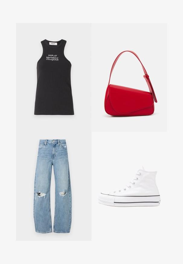 Schwarzes geripptes Tanktop mit hohem Ausschnitt und Racerback-Design. Mit weißem gesticktem Text: "REPLAY MonteCarlo CountryClub."; Helles, hochtailliertes Jeans aus Denim. Hat weit geschnittene Beine, zwei aufgerissene Kniebereiche und klassischen Fünf-Taschen-Stil.; Weiße hochwertige Leinensneaker mit schwarzer Gummisohle, vorderem Gummizehenschutz und sechs Ösen für Schnürsenkel, die ein sauberes, minimalistisches Design aufweisen.; Rote Lederhandtasche mit einem kantigen, geometrischen Design. Verfügt über einen verstellbaren Schulterriemen und einen Klappenverschluss mit genähten Details.