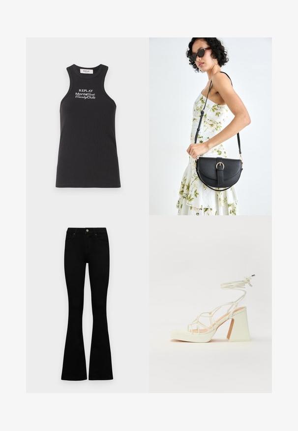 Svart ribbad tanktopp med høy hals og racerback-design. Har hvit brodert tekst: "REPLAY MonteCarlo CountryClub."; Sorte høytlivsjeans med knapp og glidelås, frontlommer og utsvingte bein liggende flatt på en hvit bakgrunn.; Hvit høyhælte sandal med kraftig hæl, med en stroppe-design og ankelbånd. Glatt tekstur med plattform foran for ekstra høyde.; Svart lærveske med en buet form, avtagbar stropp og gullbeslag. Vesken har et klaff med spenne-detall.