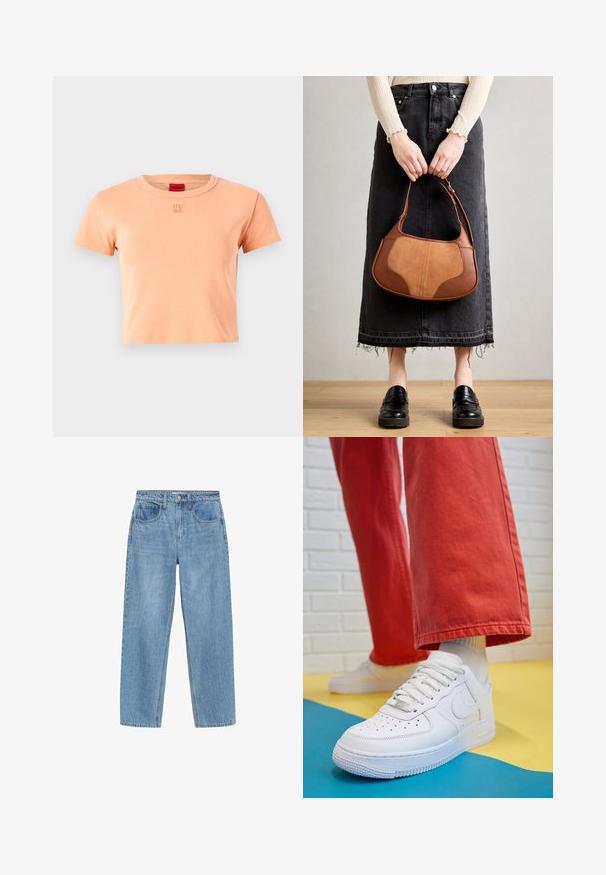T-shirt s krátkym rukávom a okrúhlym výstrihom v svetlo broskyňovej farbe z bavlny. Má vyšitý logo "HUGO" v zodpovedajúcej farbe na hrudi.; Svetlo modré džínsy s rovnými nohavicami, vysokým pásom, dvoma prednými vreckami a klasickým gombíkovým zapínaním. Jemné vyblednutie a žiadne ozdoby.; Biele kožené tenisky s perforovanou špičkou, textúrovanou podrážkou a bielymi šnúrkami, spárované so širokými červenými nohavicami na modrom a žltom pozadí.; Hnedá kožená taška s okrúhlym tvarom a kontrastnými béžovými škvrnami, ktorú drží osoba v čiernej džínsovej sukni a čiernych topánkach.
