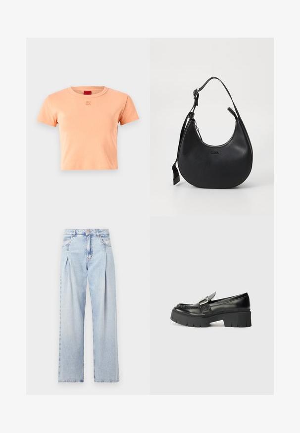 Short-sleeve, crew neck T-shirt in light peach cotton. Features embroidered "HUGO" logo in matching color on the chest.; Light blue denim jeans with a high waist, wide-leg cut, two side pockets, and pleated design feature. Soft texture with a faded finish.; Black leather loafers with a chunky rubber sole. Features a buckle accent and stitched detailing along the upper. Flat heel.; Black leather shoulder bag with a curved shape, zip closure, and adjustable strap. Features embossed brand logo on the front.