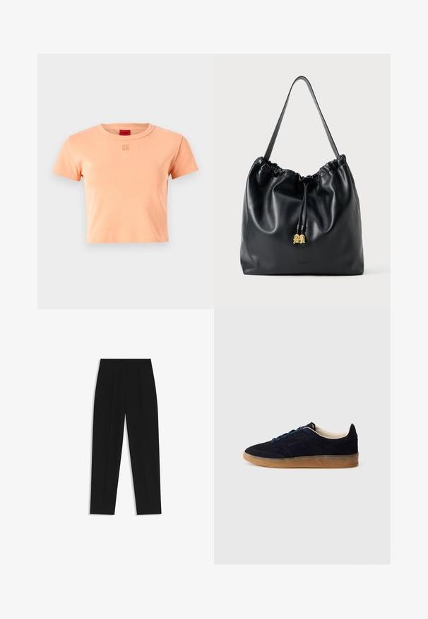 Kortärmad T-shirt med rund hals i ljus persika i bomull. Har en broderad "HUGO"-logotyp i matchande färg på bröstet.; Svarta byxor med rak passform, med dubbla fickor, en slät yta och en klassisk midje-design. Ingen synlig hårdvara eller detaljer.; Mörkblå mockasneaker med sula av gummiliknande material, blåa snören och minimalistisk design. Har präglad logga på sidan och slät innerfoder.; Svart läderdragstringväska med en slät yta, samlad topp och subtila guldfärger. Har ett enda robust handtag och präglad logotyp.