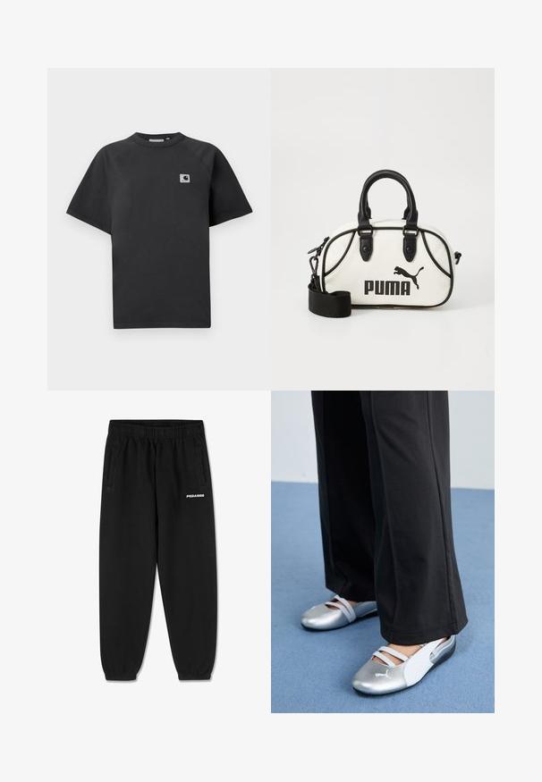 Musta puuvillapaita, jossa on pyöreä pääntie, lyhyet hihat ja suorakulmainen logo-ommel vasemmalla puolella rintaa.; Mustat collegehousut, jotka on valmistettu pehmeästä kankaasta. Niissä on kiristysnauha vyötäröllä, kapenevat lahkeet ja sivutaskut. Edessä valkoinen "PEGADOR"-logo.; Hopeiset ja valkoiset litteät kengät, joissa on ristikkäin kulkevat hihnat ja tekstuuri, täydentävät löysiä mustia housuja. Taustalla sininen lattia.; Valkoinen käsilaukku mustilla yksityiskohdilla, jossa on Puma-logo. Lyhyet, pyöristetyt kahvat ja irrotettava olkahihna, valmistettu teksturoidusta keinomateriaalista.