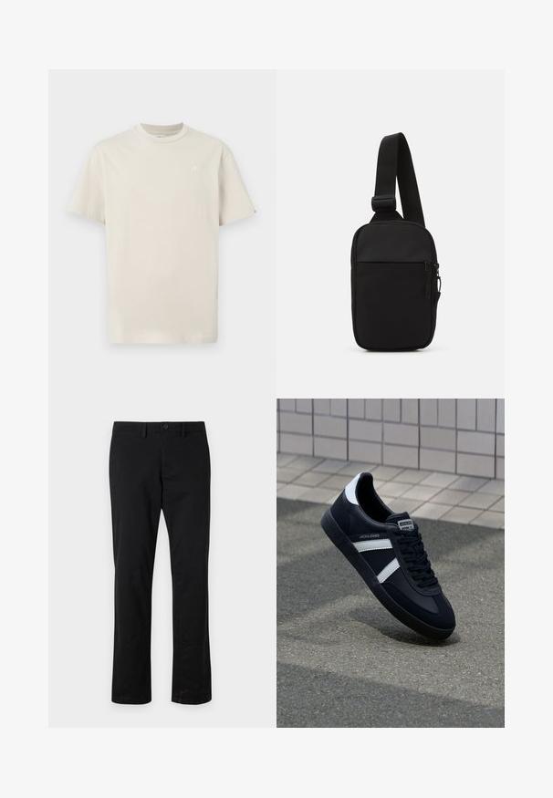 T-shirt in cotone beige chiaro con collo tondo, maniche corte e un piccolo logo ricamato sul petto. Design semplice, vestibilità regolare.; Pantaloni neri a gamba dritta realizzati in cotone, con chiusura frontale a bottoni, tasche standard e texture minimale.; Sneaker neri in pelle con strisce bianche, suola in gomma texturizzata e allacciatura frontale. Presenta un'etichetta con il marchio sulla linguetta.; Borsa a tracolla nera realizzata in tessuto resistente, con una singola tracolla regolabile, un compartimento principale con zip e una tasca frontale.