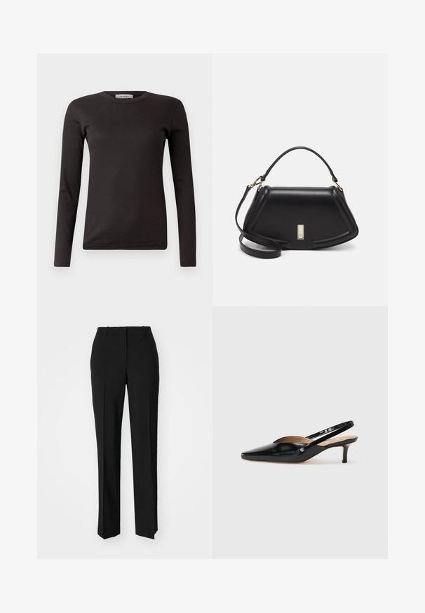 Black long-sleeve ribbed t-shirt with a round neckline and a fitted design. Made from a soft cotton material, suitable for layering.; Black tailored trousers with a straight-leg design, featuring a smooth texture and crisp creases along the front. No visible hardware.; Black patent leather slingback pump with a pointed toe, small heel, and a cutout design on the vamp. Gold-tone hardware accent on the side.; Black leather handbag with a structured design, featuring a cropped shape, top handle, and gold hardware accent. Adjustable shoulder strap included.