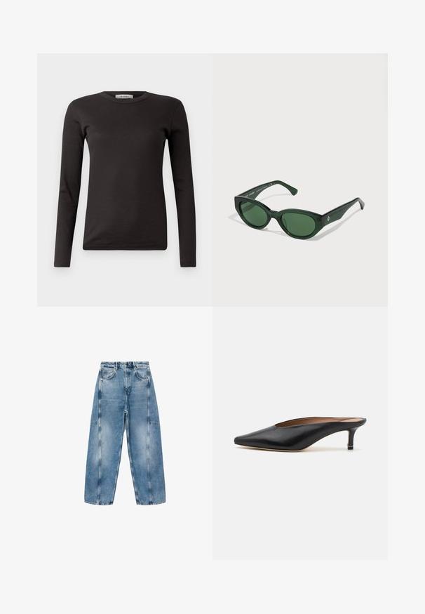 Fekete, hosszú ujjú, bordázott póló kerek nyakkivágással és testhez simuló szabással. Puha pamut anyagból készült, amely tökéletes rétegezéshez.; A világoskék farmernadrágok lazán illeszkednek, nagy zsebekkel és kontrasztos varrással rendelkeznek. Az anyag elhalványult felülettel és sima textúrával bír.; Fekete bőr mules cipők, hegyes orral és alacsony, blokk sarkú kialakítással. Simább textúrával és elegáns dizájnnal. Nyitott hátú, minimális részletezéssel.; Zöld napszemüveg fényes felülettel, téglalap alakú kerettel és sötétzöld lencsékkel. Az oldalán egy diszkrét logó található a szárán.; Fekete bőr bevásárlótáska négyzet alakú fogantyúval, texturált felülettel és dombornyomott logóval. Tartalmaz egy levehető pántot.