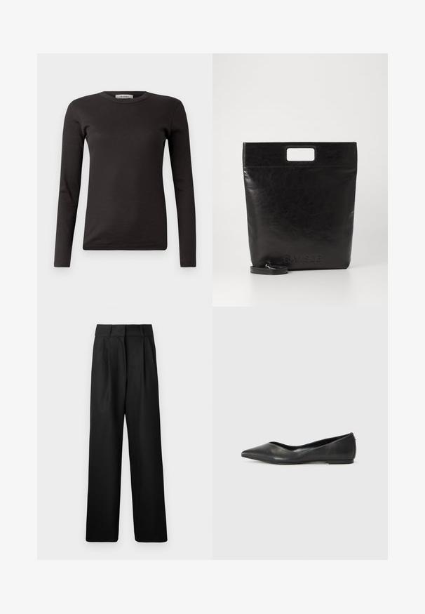 Black long-sleeve ribbed t-shirt with a round neckline and a fitted design. Made from a soft cotton material, suitable for layering.; Black wide-leg trousers with a smooth texture, featuring front pleats and a high waist design. Made from a lightweight fabric.; Black leather ballet flat with a pointed toe, low heel, and smooth texture. Minimal design with a subtle side accent.; Black leather tote bag with a square handle, featuring a textured finish and embossed logo. Includes a detachable strap.