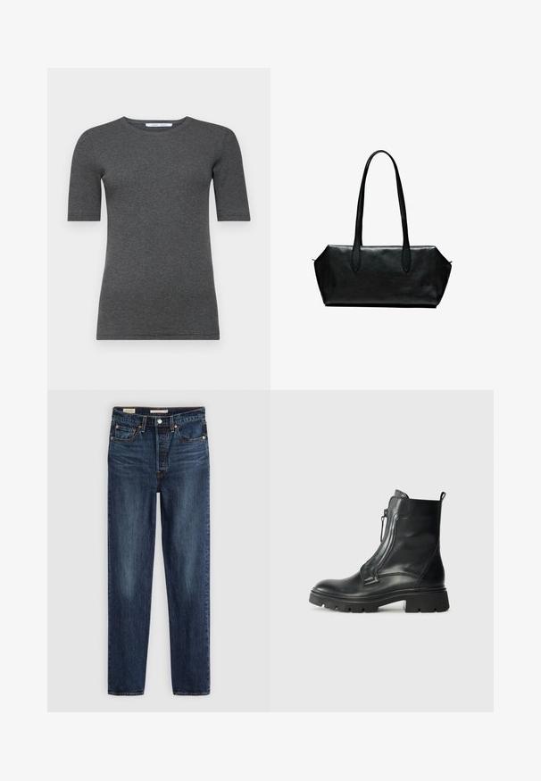 Gray short-sleeve t-shirt made of soft, stretchy fabric with a round neckline and a fitted shape, featuring a smooth texture and minimal design.; White long-sleeve button-up shirt with collar and single chest pocket, slightly curved hem, displayed on a white background.; Dark blue straight-leg jeans with five pockets, button and zipper closure, and contrast stitching.; Black leather ankle boot with a chunky rubber sole, side zipper, smooth texture, and a slightly rounded toe. Minimalist design with no patterns.; Black leather handbag with long handles, rectangular shape, smooth texture, and angled sides, featuring a minimalist design and no visible hardware.