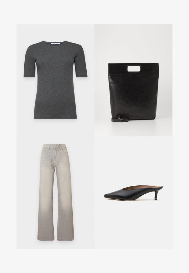 Graues kurzärmliges T-Shirt aus weichem, dehnbarem Stoff mit rundem Ausschnitt und figurnaher Passform, ausgestattet mit einer glatten Textur und minimalistischem Design.; Graue weit geschnittene Jeans mit einem verblassten Finish, Knopfverschluss, fünf Taschen und gestickten Details entlang der Nähte.; Schwarze Leder-Mules mit spitzem Zehenbereich und niedrigem Blockabsatz. Glatte Textur mit elegantem Design. Offene Rückseite mit minimaler Gestaltung.; Schwarze Leder-Tote-Tasche mit einem quadratischen Griff, ausgestattet mit einer strukturierten Oberfläche und geprägtem Logo. Inklusive abnehmbarem Tragegurt.