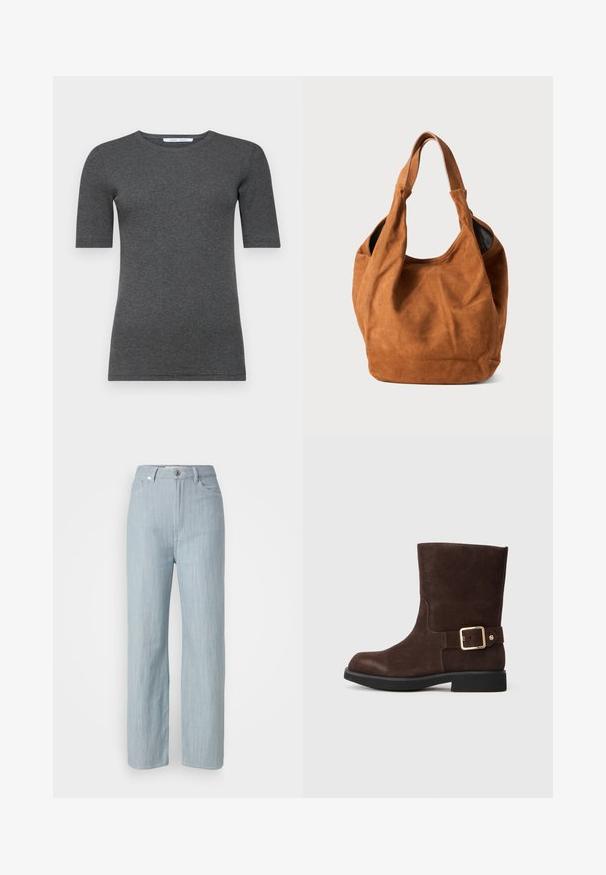 Siva kratka majica s kratkim rukavima, izrađena od mekanog, rastezljivog materijala s okruglim izrezom i uskim krojem, s glatkom teksturom i minimalnim dizajnom.; Svijetloplave traperice ravnog kroja. Imaju pet džepova, metalno dugme za zatvaranje i suptilne tragove habanja za dodatnu teksturu.; Smeđi antilop čizmica do gležnja s okruglim vrhom, ravnim crnim đonom i zlatnom kopčom sa strane. Glatka tekstura i jednostavan dizajn.; Smeđa nubuk torba preko ramena s mekom teksturom, zakrivljenim oblikom i dva ručka. Ima minimalistički dizajn bez vidljivih metalnih dijelova ili naglašavanja.