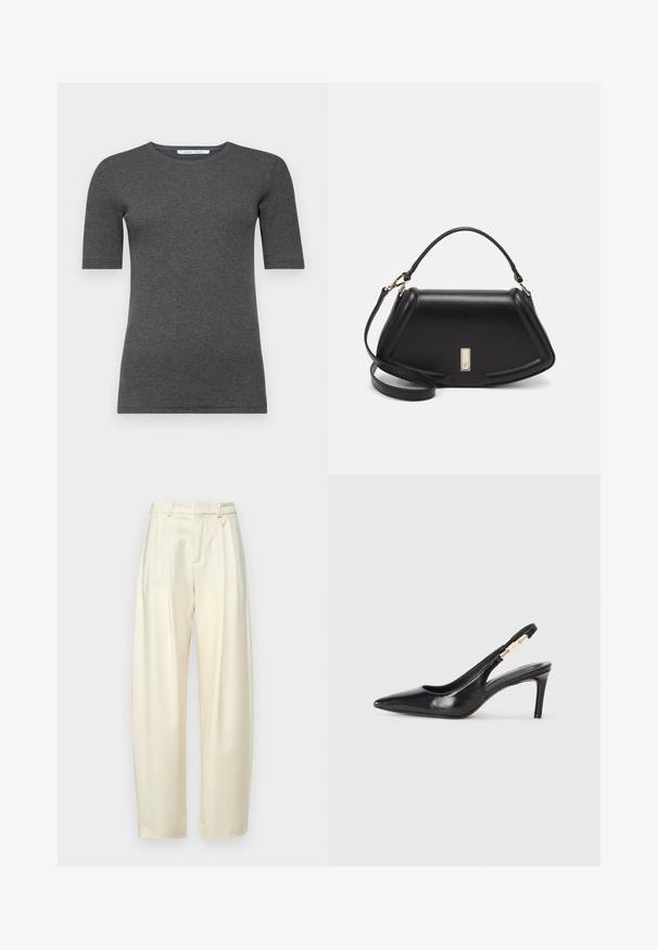 Tricou gri cu mâneci scurte, realizat dintr-un material moale și elastic, cu guler rotund și o croială ajustată, având o textură netedă și un design minimalist.; Pantaloni plisati, cu talie inalta, dintr-un material crem deschis. Prezintă o croială dreaptă și o textură netedă. Fără buzunare sau accesorii vizibile.; Pantofii cu toc înalt din piele neagră, cu spatele descoperit, având vârful ascuțit, textură netedă și o curea îngustă pentru glezna cu accente aurii.; Geantă de umăr din piele neagră, cu un design structurat, având o formă tăiată, mânere superioare și accente din aur. Include o curea de umăr ajustabilă.