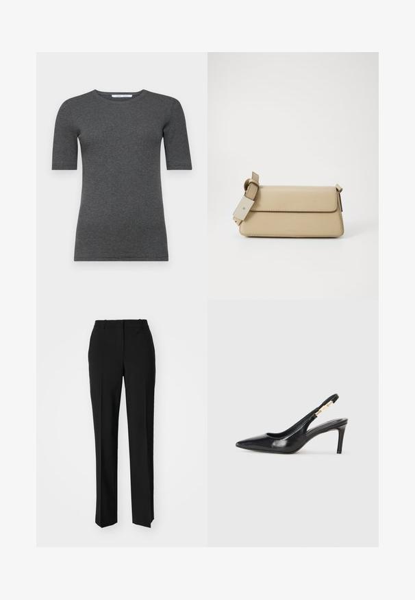 Szürke, rövidujjú póló, puha, rugalmas anyagból, kerek nyakkivágással és testhez simuló fazonnal, sima textúrával és letisztult dizájnnal.; Fekete, testhezálló nadrág egyenes szárú kivitelben, sima textúrával és éles redőkkel az elején. Nincs látható fémalkatrész.; Fekete bőr, slingback magas sarkú cipő, hegyes orral, sima textúrával és keskeny bokapánttal, arany fémrészletekkel.; Beige műbőr kézitáska, felhajtható záródással, állítható pánttal és minimális dizájnnal. Finom varrásokkal és bélyegzett logóval rendelkezik.