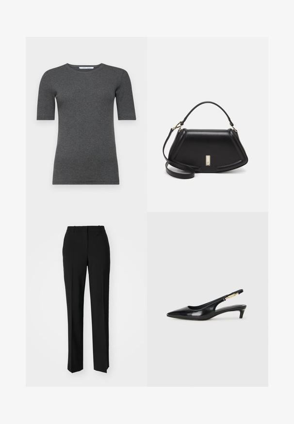 Graues kurzärmliges T-Shirt aus weichem, dehnbarem Stoff mit rundem Ausschnitt und figurnaher Passform, ausgestattet mit einer glatten Textur und minimalistischem Design.; Schwarze, taillierte Hose mit geradem Bein, aus einem glatten Stoff und mit klaren Falten an der Vorderseite. Keine sichtbare Hardware.; Schwarze Leder-Slingback-Pumps mit spitzem Schuhblatt, ausgestattet mit einem schlanken Absatz und einem goldfarbigen Akzent am verstellbaren Riemen. Glatte Textur.; Schwarze Lederhandtasche mit einem strukturierten Design, das eine verkürzte Form, einen oberen Griff und goldfarbene Hardware-Details aufweist. Verstellbarer Schulterriemen ist enthalten.