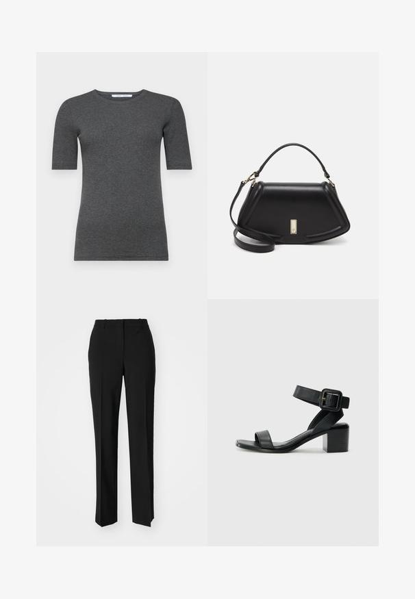 Šedé tričko s krátkým rukávem, vyrobené z měkké, elastické tkaniny, s kulatým výstřihem a přiléhavým střihem, s hladkým povrchem a minimalistickým designem.; Černé kalhoty na míru se střihem do rovna, které mají hladkou texturu a ostré sklady na přední straně. Bez viditelného kování.; Černá kožená sandál s podpatkem, nastavitelným páskem kolem kotníku, otevřenou špičkou a čtveratým blokovým podpatkem. Hladká textura, minimalistický styl.; Černá kožená kabelka se strukturovaným designem, jejíž tvar je zkrácený, má horní rukojeť a zlaté kovové detaily. Součástí je i nastavitelný ramenní popruh.