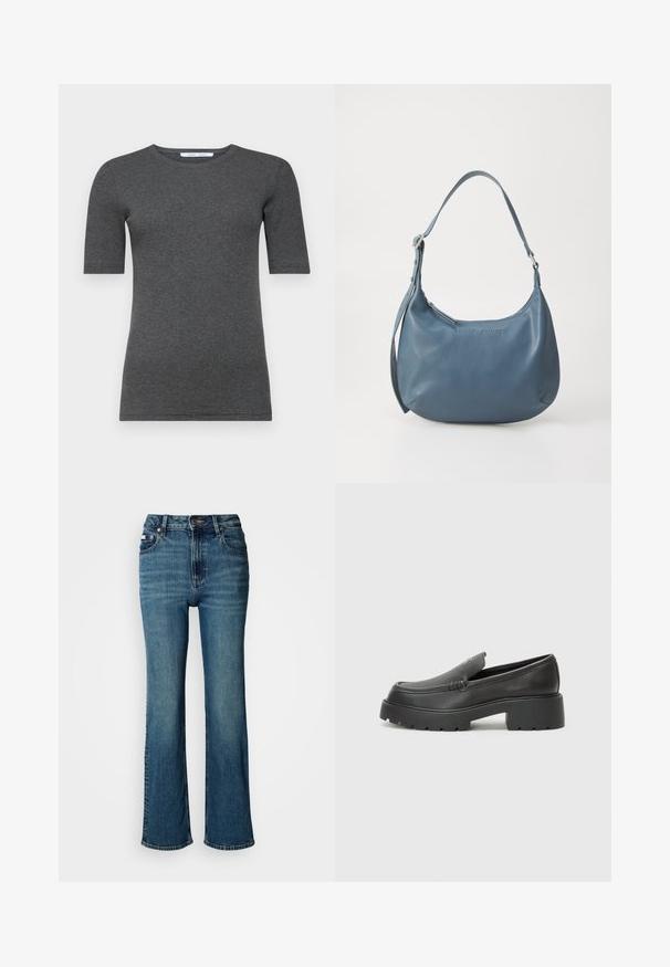 T-shirt cinza de manga curta feito de um tecido macio e elástico, com decote redondo e corte ajustado, apresentando uma textura suave e um design minimalista.; Jeans de cintura alta em denim azul, com um design de perna reta, desbotamento subtil e um fecho padrão com botão e zipper.; Mocassins de couro preto com bico arredondado, sola espessa e texturizada, e detalhes de costura minimalistas. Design elegante sem atacadores ou ferragens visíveis.; Bolsa de couro azul com formato arredondado, alça única para o ombro, fecho em zíper e nome da marca em relevo na parte da frente. Textura suave.