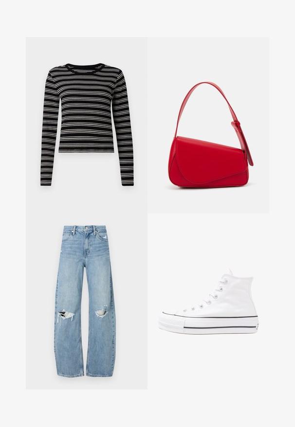 Long-sleeve black and white striped top with a ribbed texture and a crew neckline, featuring even horizontal stripes.; Light blue, high-waisted jeans made of denim. Feature wide legs, two torn knee areas, and classic five-pocket styling.; White high-top canvas sneaker with black rubber sole, front rubber toe cap, and six eyelets for laces, featuring a clean, minimalist design.; Red leather handbag with an angular, geometric design. Features a single adjustable strap and a flap closure with stitched detailing.