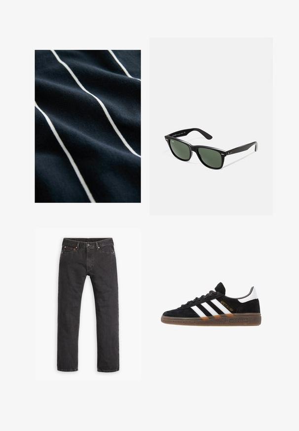 Tumesinine kangas valgete vertikaalsete triipudega, millel on sile tekstuur ja kerge läige, rõhutades triibustatud kujundust.; Mustad sirgedega teksased viie tasku, nööbiga kinnitamine ja vasknupud, laotatud tasasele valgele taustale.; Mustad must Adidas'i sneaker valgete triipudega, kuldse "Spezial" tekstiga, kummi tallaga ja valge kontsaga, kujutatud külgvaates.; Mustad mustan plastiku prillid roheliste läätsedega, ruudukujulised raamid, hõbedane aksent kulmude peal ja tekstuuriga tempelkäed. Brändi nimi on märgitud sisevarrele.