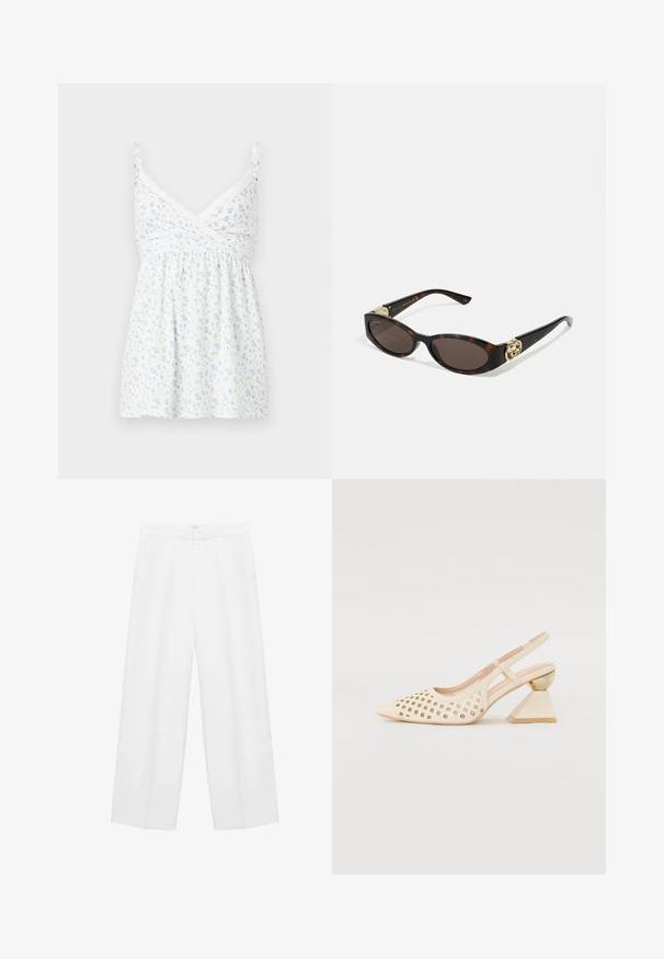 Witte mouwloze top met een bloemenpatroon in lichtblauw, kantaccenten langs de halslijn en een ontspannen, gegatherd ontwerp.; Hofmann Copenhagen EXCLUSIVE GENEVIVE - Top - off white; Zijde-wijd witte broeken met een gladde textuur, voorzien van een hoge tailleband en twee zijzakken. Eenvoudig ontwerp zonder zichtbare patronen.; Beige slingback schoen met geperforeerde bovenkant, puntige neus en een contrasterende driehoekige hak met een gouden accent. Over het algemeen een gladde textuur.; Schildpadbril met langwerpige ovale lenzen, bruine tint, gouden logo-accenten op de pootjes en slanke zwarte armen.; Witte bloemenhandtas met een gatherend stoffen oppervlak, gouden kettingriem en metalen sluiting. Heeft textuur op de bloemblaadjes voor extra detail.