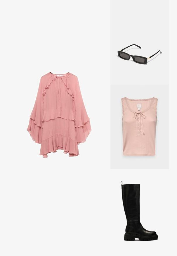 GAP GAP X DOEN POINTELLE TANK - Top - chalk pink; Lyserød chiffon kjole med en afslappet pasform, prydet med flæser ved halsudskæringen, ærmerne og kanten, samt en bindelukning ved halsen.; Sorte læderstøvler til knæene med et strømlinet design, rund tå og kraftig gummisål med dybe riller og et greb på toppen.; Sorte rektangulære solbriller med mørke linser, glansfulde plastikstel og guld accenter på stængerne. Minimalistisk design og slank form.
