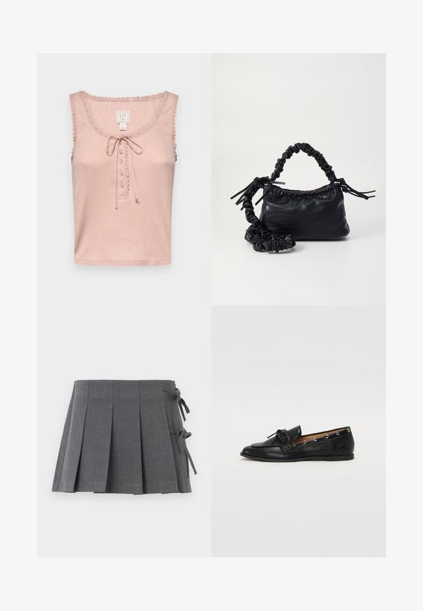GAP GAP X DOEN POINTELLE TANK - Top - chalk pink; Gray pleated skirt featuring a waistband with ties, crafted from textured fabric, with a clean cut and no visible hardware.; Black leather loafers with a tied bow, featuring gold eyelet accents along the sides and a flat rubber sole. Smooth texture, classic design.; Black faux leather handbag with a crocodile texture, cinched top, and a scrunched strap. Appears soft and compact in design.