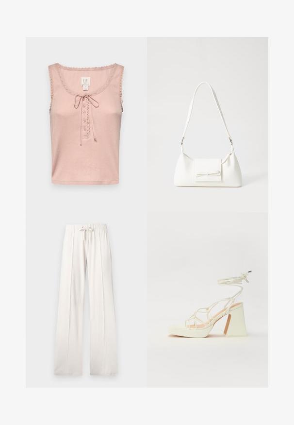 GAP GAP X DOEN POINTELLE TANK - Toppi - chalk pink; Vaaleanbeiget collegehousut, joissa on pehmeä kangas, nyörikuja vyötäröllä, leveät lahkeet ja pystysaumat, sekä sileä pinta.; Valkoinen korkokenkä, jossa on paksu korko, ja joka sisältää nauhakiinnityksen ja nilkkaketjun. Sujuva pinta, jossa on platform-etupohja lisäkorkeutta varten.; Valkoinen synteettinen käsilaukku, jossa on kolmikulmainen muoto, tasainen etu läppä ja nauhadetail, säädettävä olkahihna, sileä rakenne ja minimalinen muotoilu.