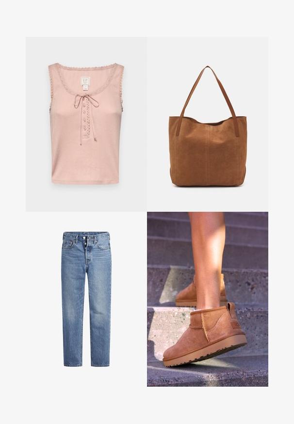 GAP GAP X DOEN POINTELLE TANK - Top - chalk pink; Svijetloplave traperice ravnog kroja s pet džepova i dugmetom. Imaju suptilno izbljeđivanje i narančaste detalje šavova.; Svetlosive nobuck gležnjarji z mehko teksturo, všitimi detajli in gumijastim podplatom, z zanko na peti za enostavno obuvanje.; Rjava nubuk torba z dvema dolgima ročajema, ki ima gladko teksturo, preprost dizajn in brez vidnih kovinskih delov ali okrasov.