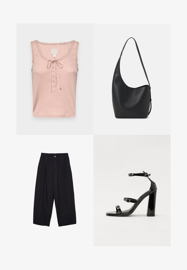 GAP GAP X DOEN POINTELLE TANK - Top - chalk pink; Černé polyesterové culotte kalhoty s elastickým pasem, dvěma předními sklady a volným siluetou. Žádné viditelné vzory ani kovové detaily.; Černé lakované sandály na podpatku se čtveratou špičkou, lýtkovými pásky a stříbrnými přezkami. Disponují masivním blokovým podpatkem pro stabilitu.; Černá kožená hobo taška s hladkým povrchem, zakřiveným tvarem a jedním nastavitelným popruhem; má široké otevírání nahoře.