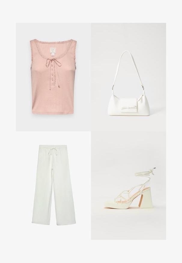 GAP GAP X DOEN POINTELLE TANK - Top - chalk pink; Hvide bukser med bred ejer lavet af blødt stof. Har en elastisk talje med snor og en glat tekstur. Ingen synlige mønstre eller hardware.; Hvide højhælede sandaler med en kraftig hæl, der har et stropdesign og ankelbinding. Glat tekstur med en platform foran for ekstra højde.; Hvid syntetisk håndtaske med en trekantet form, flad forsideklap og sløjfedetalje, justerbar strop, glat tekstur og minimalistisk design.