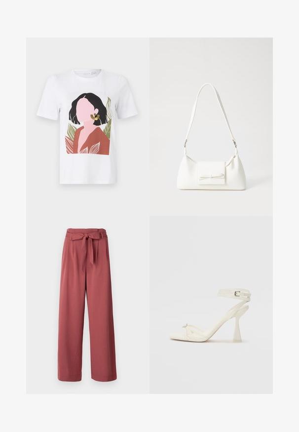 Valge T-särk, millel on graafiline kujundus naisest mustade juustega, kellel on peal pruun topp ja kuldne kõrvarõngas, ümbritsetud roheliste lehtedega.; Laiad püksid tolmuroosa värviga, pehmest kangast, vöökohal sidumisrihmaga ja külgpistetega.; Köitmine kõrge kontsaga sandaal valgest nahast, millel on stiilne disain, läbipaistev plokk-konts ja dekoratiivne element varvaste juures.; Valge sünteetilisest materjalist kott kolmnurkse kujuga, lame esiklapiga ja kaaredetailiga, reguleeritava rihmaga, sileda tekstuuriga ja minimalistliku disainiga.