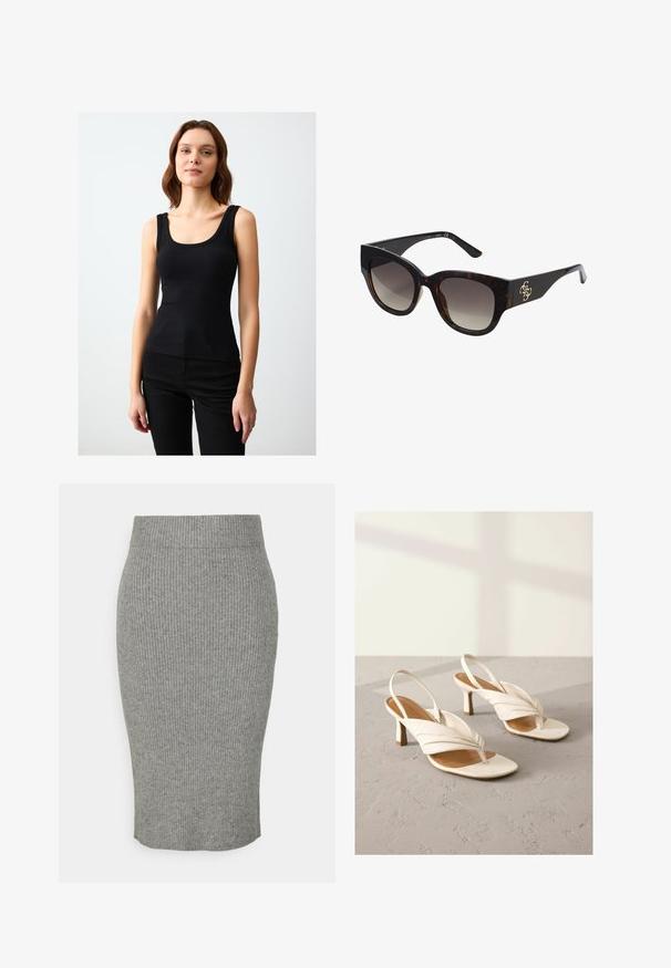 Zwarte geribde tanktop met brede schouderbanden en een ronde halslijn, aansluitende pasvorm, gemaakt van een rekbare katoenmix.; Grijze geribbelde gebreide kokerrok met een getailleerd silhouet, voorzien van een elastische tailleband en een zachte textuur. Middellange uitvoering.; Witte leren slingback hakken met een gedraaide voorkant, open teen en een middenhoog blokhak. Glad textuur en minimale accenten.; Schildpad zonnebril met oversized rechthoekige monturen, gradient lenzen en gouden logo accent op de arm. Glad plastic materiaal.; Grijs geribbelde crop top en olijfgroene hoge taille rok. Model houdt een witte schoudertas met uitsparingen vast. Eenvoudig ontwerp, aansluitende silhouet.; Metalen ring met een gepolijste zilveren afwerking, bestaande uit drie verweven gebogen secties die een gladde, samenhangende vorm creëren.