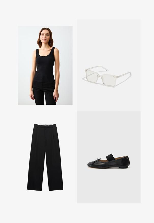 Schwarzes, geripptes Tanktop mit breiten Schulterträgern und einem runden Ausschnitt, figurbetonte Silhouette, aus einem dehnbaren Baumwoll-Mischgewebe.; Schwarzfarbene weite Hosen aus glattem Stoff. Mit frontalen Falten, einem Bund mit Gürtelschlaufen und einer taillierten Silhouette.; Schwarze Ballerinas aus Leder mit einer abgerundeten Spitze, einem kleinen Knotendetail und einem elastischen Riemen über dem Spann für einen sicheren Sitz. Flache Sohle.; Klare, quadratische Kunststoffbrillen mit durchsichtigen Gläsern, die goldene Akzente an den Bügeln für zusätzliche Details aufweisen.; Schwarze Leder-Hobo-Tasche mit einer weichen, geschwungenen Form. Sie verfügt über einen breiten Oberhandgriff und Falten an der Basis für eine lässige Textur.