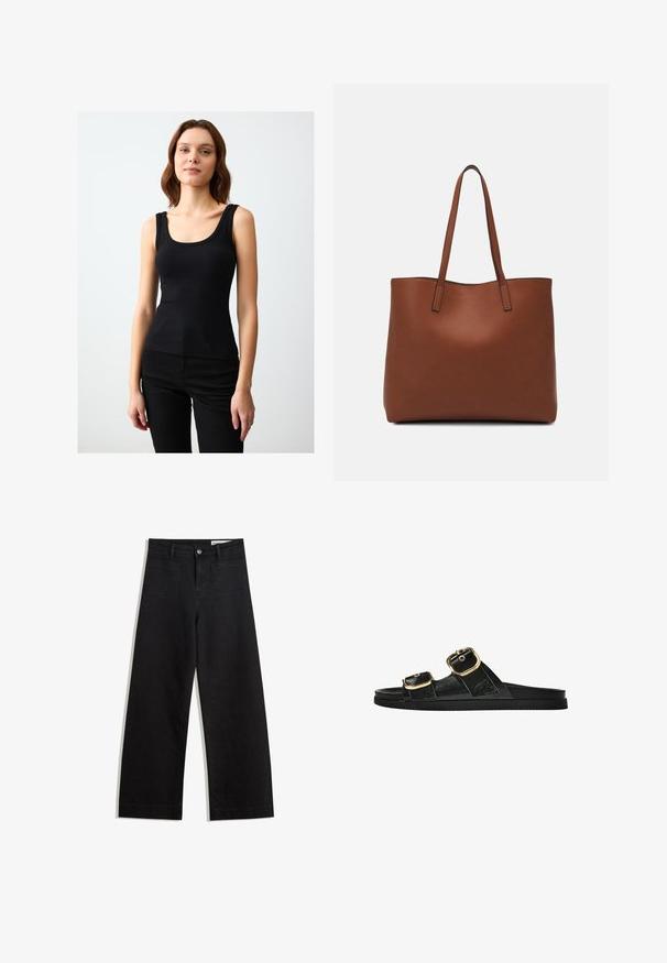 Schwarzes, geripptes Tanktop mit breiten Schulterträgern und einem runden Ausschnitt, figurbetonte Silhouette, aus einem dehnbaren Baumwoll-Mischgewebe.; Schwarze weit geschnittene Jeans mit hoher Taille, ausgestattet mit Vorder- und Hintertaschen, gesteppten Nähten und einem Knopfverschluss. Glatte Textur.; Schwarze Riemensandale mit zwei goldenen Schnallendetails, glattem Material, flachem Sohlen und minimalistischer Gestaltung.; Braune Leder-Tote mit glatter Textur, offenem Oberteil und zwei Schulterriemen. Verfügt über minimale Nähte und keine sichtbaren Beschläge.