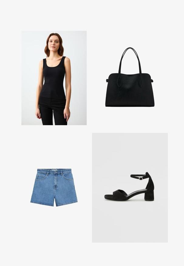 Canotta nera a costine con spalline larghe e scollatura a barca, silhouette aderente, realizzata in un tessuto elasticizzato in cotone misto.; Shorts in denim azzurro chiaro con vita alta, design a cinque tasche e chiusura con bottoni. Taglio dritto con orlo pulito.; Sandali con tacco in suede nero, con una sottile fascia alla caviglia, design open toe e un discreto tacco a blocco. Texture liscia e decorazioni minime.; Borsa a mano in pelle nera con doppio manico, forma rettangolare e design minimalista su sfondo bianco.