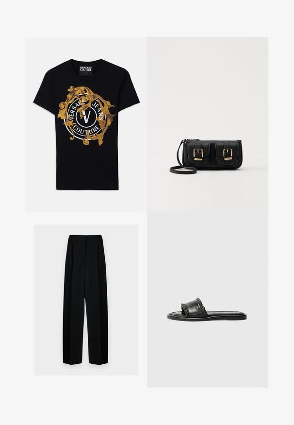 Svart kortermet t-skjorte fra Versace Jeans Couture med gull barokkdesign og hvit sirkulær logo plassert i midten på fronten.; Svart vide bukser med høy livhøyde, med folder og en glatt tekstur. Stoffet virker lett og faller elegant.; Sorte lærsandaler med en vævet stropdetalje, flad sål og et slankt design. Glat tekstur og minimalistisk profil.; Svart skinn crossbody veske med to frontlommer, gyldne spenner, glidelåslukking og en slank stropp. Teksturert overflate og kompakt rektangulær form.