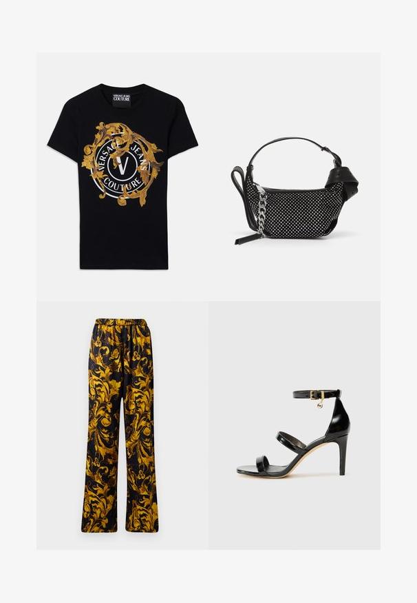 T-shirt de manga curta preta da Versace Jeans Couture com design barroco dourado e logotipo circular branco centralizado na parte da frente.; Calças pretas com um padrão floral dourado ornamentado, apresentando uma cintura elástica e um design de pernas largas. Textura suave, tecido leve.; Sandal de couro envernizado preto com três tiras, fivela no tornozelo e salto agulha de 10 cm. Apresenta detalhes em hardware dourado e um charme com logotipo.; Pasta preta com um design texturizado, adornada com tachas prateadas e uma alça em corrente prateada robusta. Apresenta uma forma minimalista e elegante.