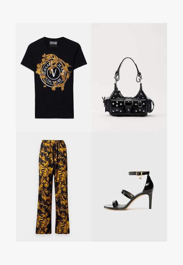 Must silmade varrukatega Versace Jeans Couture T-särk, millel on kuldne barokkdisain ja valge ringikujuline logo keskosas.; Mustad mustriga mustad püksid, millel on keerukas kuldne lillemuster, elastse vöökoha ja laia sääre kujundusega. Sile tekstuur, kerge kangas.; Must musta nahk sandaal kolme rihmaga, pahkluu vööga ja 4-tollise stilettakontsaga. Omab kuldset detaili ja logovõtit.; Must värvi nahast käekott, millel on kaarjas disain, hõbedased nupukesed, kinnitusahe ja kaks külgtaskut. Reguleeritav rihm erinevate kandmisvõimaluste jaoks.