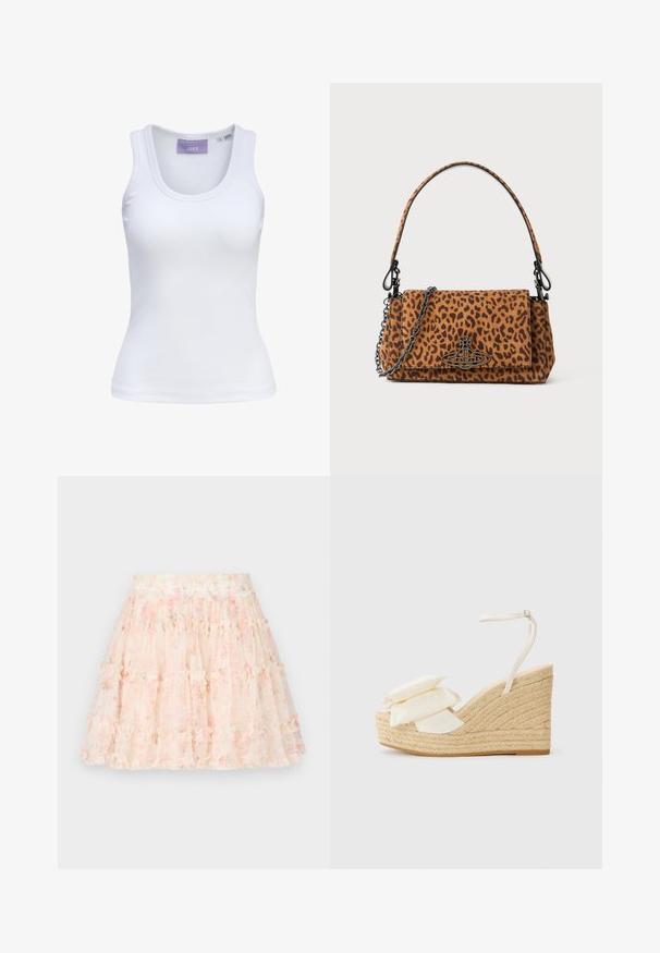 White ribbed tank top featuring a round neckline and narrow shoulder straps. Label on neckline in light purple. Size tag visible.; Needle & Thread DITSY SMOCKED MICRO MINI SKIRT - Mini skirt - moonshine pink; Wedge sandal with a natural jute platform, cream fabric upper, and two layered floral accents; features a thin ankle strap with buckle.; Leopard print handbag made of suede with a short handle, a chain strap, and a black hardware clasp. Rectangular shape with a flap closure.