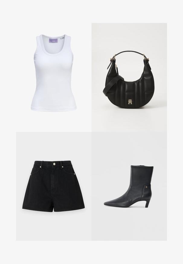 Fehér bordázott ujjatlan felső, kerek nyakkivágással és keskeny vállpántokkal. A nyakkivágásnál világoslila címke. Méretcímke látható.; Fekete farmer rövidnadrág magas derékkal, öt zsebbel, ezüst kiegészítőkkel és standard szabással, sima textúrával és letisztult kidolgozással.; Fekete bőr bokacsizma, hegyes orral és alacsony sarkal. Simító felület jellemzi, oldalán egy kis arany logóval.; Fekete bőrtáska ívelt formával, steppelt textúrával és arany hardware-rel. Levehető vállpánttal és logó részlettel rendelkezik.