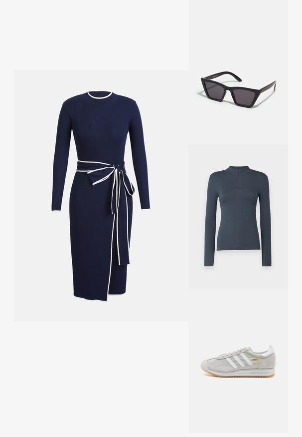 Sötétszürke bordázott, hosszú ujjú felső, állógallérral és rövid cipzárral az elején, testhez simuló fazonban, fehér háttéren bemutatva.; Tengerészkék bordás kötött ruha hosszú ujjakkal, kerek nyakkivágással és fehér díszítéssel. Deréknál megkötős övvel és oldalsó résvégig vágással rendelkezik.; Világosszürke sportcipő velúr és hálós anyagból, három fehér csíkkal, kerek orral és gumi talppal. Arany logó dísz a fűzők közelében.; Fekete, szögletes napszemüveg szürke lencsékkel; műanyagból készült, vastag karokkal, sima felülettel és látható hardver nélkül.; Fekete keresztbody táska textúrált felülettel, arany lánc pánttal és arany háromszög logó táblával az elején.; Vékony, fényes arany karkötő sima, kerek formával és diszkrét logóval rendelkezik. Zökkenőmentes kialakítással és minimalista esztétikával büszkélkedik.