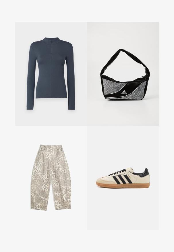 Tmavě šedý žebrovaný dlouhý rukáv top s krátkým zipem vpředu a stojáčkem, přiléhavý střih, vystavený na bílém pozadí.; Kalhoty s leopardím potiskem v světle béžové barvě, s vysokým pasem, širokými nohavicemi a dvěma předními kapsami. Vyrobené z hladkého materiálu.; Beige sportovní obuv s černými pruhy, gumovou podešví a černými akcenty. Disponuje hladkým koženým svrškem a zaobleným tvarem špičky.; Černá a stříbrná taška adidas s hladkou texturou, vyznačující se lesklým hrotným vzorem a charakteristickým zakřiveným designem.