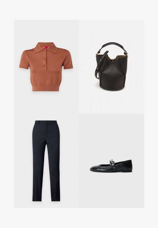 Trumpas rankovės polo marškinėliai rudos spalvos, pagaminti iš švelnios mezgimo medžiagos. Savybės: klasikinis apykaklė, trys mygtukai ir prigludusi apačia.; Jūriniai pritaikyti kelnes su tiesiu kirpimu, turinčios lygų paviršių, dvi priekinės kišenės ir švarus liemuo.; Juodų odinių baletinių batelių su smailiu nosiu, su užrišamu dirželiu su apvalia metaline sagtimi ir plokščiu padu.; Juodas odinis kibiro tipo krepšys su tekstūruotu paviršiumi, auksiniais detalėmis ir atvira viršūne. Yra trumpa rankena ir reguliuojama petneša.