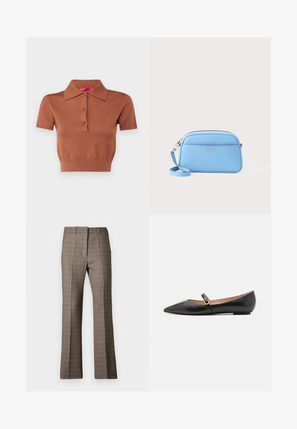 Kortermet polo-skjorte i brun, laget av mykt strikket materiale. Har krage i klassisk stil, tre knapper, og en tettsittende kant.; Brune rutete bukser med rett benkutt, med teksturert stoff og subtile farger av beige og mørkere brunt gjennom mønsteret.; Sorte læderballetsko med spids tå og en sidelås med en cirkulær guldfarvet detalje. Letvægtig med flad sål.; Lys blå skinn crossover-veske med gulltonet detaljer, glidelås lukking og en frontlomme. Har justerbar stropp for ekstra bekvemmelighet.