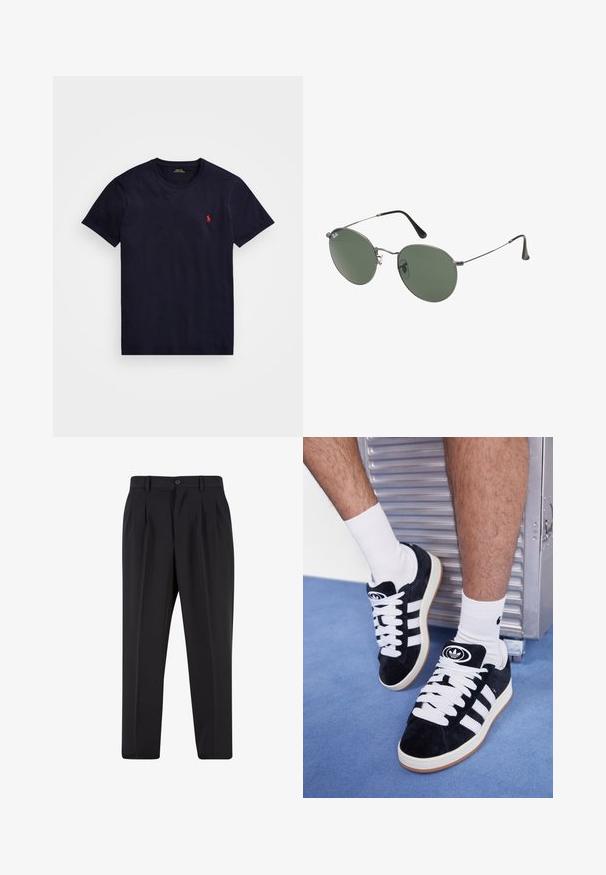 Námořnická modrá bavlněná tričko s kulatým výstřihem, krátkými rukávy a malým červeným vyšitým logem na levé hrudi. Měkká textilie, klasický střih.; Černé kalhoty s plisovaným předním designem, vyrobené z hladké tkaniny. Obsahují zapínání na knoflík a poutka na opasek; rovný střih.; Černé semišové tenisky s bílými tkaničkami a třemi bílými pruhy. Mají kulatou černou logo na jazyku a gumovou podrážku.; Sluneční brýle s kovovým rámem a oválnými zelenými skly. Tenký stříbrný kovový rám a černé chrániče uší. Minimalistický design, žádné viditelné logo.