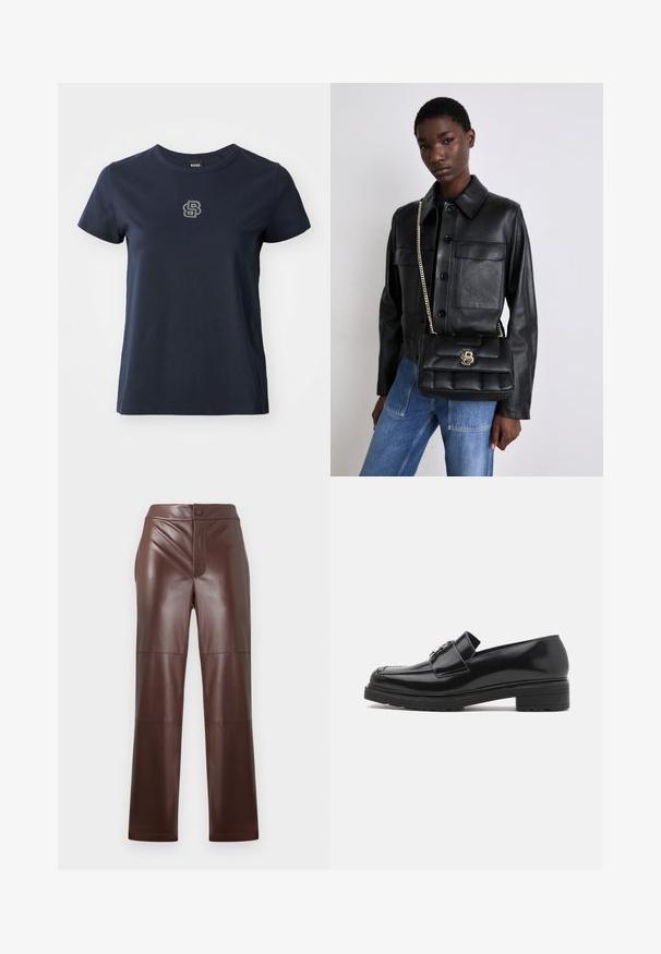 Námořnická modrá bavlněná tričko s krátkými rukávy, kulatým výstřihem a malým rhinestone logem na levém hrudníku.; Hnědé kalhoty z faux kůže se přímým střihem a hladkou texturou. Mají přední zip a zapínání na knoflík, doplněné tónovým švem.; Černá leštěná kožená mokasína s nízkým blokovým podpatkem, šitým špičkou a kovovým detailem s přezkou na vršku, znázorněná v bočním profilu na bílém pozadí.; Černá kožená bunda s knoflíkovým zapínáním a dvěma předními kapsami, spárovaná s černou prošívanou kabelkou s zlatým uzávěrem a řetízkovým popruhem.