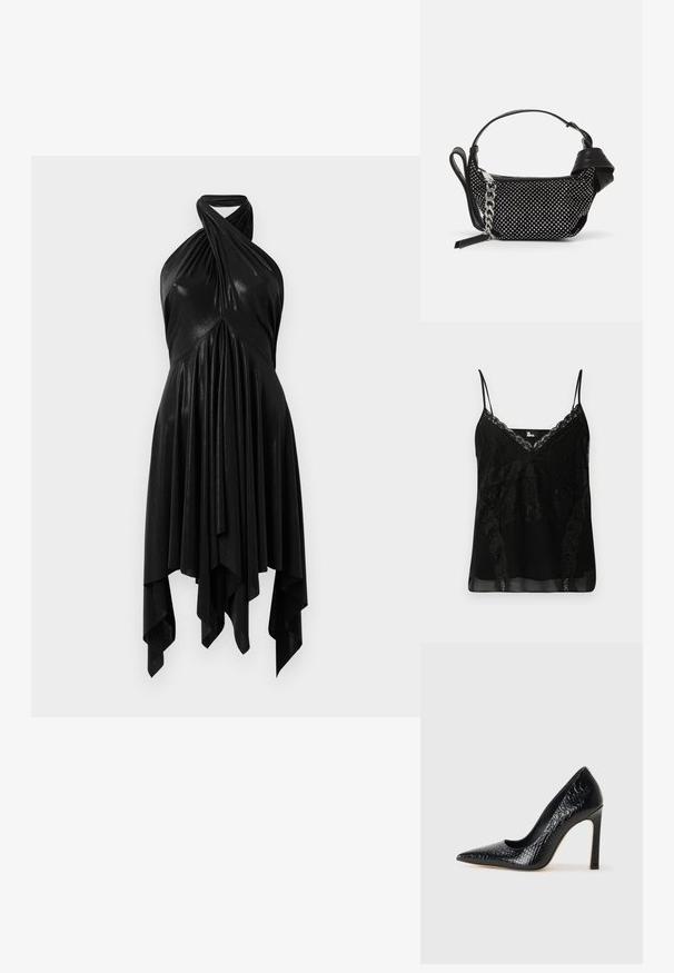 Fekete pántos felső, csipkés részletekkel a nyakvonalnál és az oldalán, vékony, állítható pántokkal, és sima, enyhén áttetsző anyaggal.; Fekete pánt nélküli ruha drapírozott fazonnal. Fényes anyagból készült, csavarodott nyakkivágással és aszimmetrikus szegéllyel. Simaszövet.; Fekete hegyes orrú magassarkú cipő krokodilbőr textúrával, letisztult dizájnnal, magas tűsarkú és sima fekete belső résszel.; Fekete kézitáska textúrázott dizájnnal, ezüst szegecsekkel és masszív ezüst lánc pánttal díszítve. Letisztult, minimalista formája van.