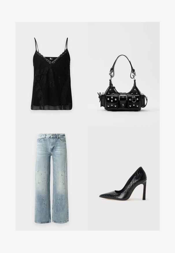 Mustaline top, millel on pitsilimused kaeluses ja külgedel, kitsad reguleeritavad rihmad ning sile, kergelt läbipaistev materjal.; Valge pitsist lühike jakk kellukese varrukatega, lainelise hemiga ja sügava V-kaelusega kujundusega. Pehme tekstuur koos keerukate lillemotiividega.; Heledad helesinine laiade jalgadega teksad, millel on denimist valmistatud, graadiendiga värviefekt ja hõbedaste silmadega ääristused piki suunda.; Mustan teravaotsaga kõrge kontsaga king, millel on krokodillimustriga tekstuur, stiilne disain, kõrge stilettokonts ja sile must sisesisustus.; Must värvi nahast käekott, millel on kaarjas disain, hõbedased nupukesed, kinnitusahe ja kaks külgtaskut. Reguleeritav rihm erinevate kandmisvõimaluste jaoks.