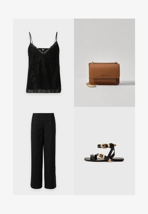Czarny top na ramiączkach z koronkowymi detalami przy dekolcie i bokach, wąskie regulowane ramiączka oraz gładkie, lekko przezroczyste ciało.; Czarne spodnie szerokie wykonane z gładkiego materiału, z wysokim stanem i pięcioma guzikami z przodu do zapięcia. Elegancki, dopasowany krój.; Czarne skórzane sandały z złotymi klamrami, z wieloma paskami i płaską podeszwą, idealne do noszenia na gołe palce.; Brązowa skórzana torba na ramię z teksturą, z złotym łańcuszkiem i zapięciem na klapkę. Z przodu znajduje się detal z logo oraz kieszeń pod klapką.