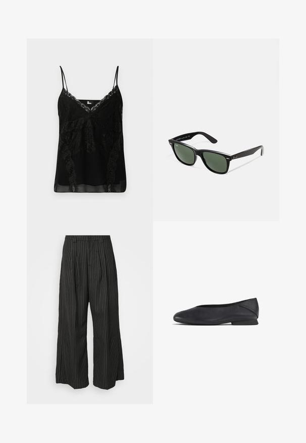 Czarny top na ramiączkach z koronkowymi detalami przy dekolcie i bokach, wąskie regulowane ramiączka oraz gładkie, lekko przezroczyste ciało.; Czarne spodnie w szerokie nogawki w paski, z zakładkami, charakteryzujące się dopasowanym krojem i miękką teksturą. Brak widocznych metalowych elementów lub akcentów.; Czarne skórzane płaskie buty z zaokrąglonym noskiem i niskim obcasem, zaprojektowane do noszenia na co dzień lub na formalne okazje.; Czarne plastikowe okulary przeciwsłoneczne z zielonymi szkłami, kwadratowe oprawki, srebrny akcent na brwi oraz fakturowane ramiona temple. Nazwa marki podana na wewnętrznej stronie ramion.