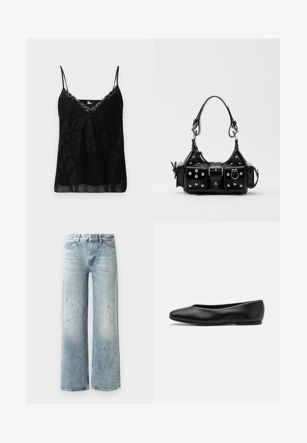 Schwarzes Trägertop mit Spitzenverzierungen am Ausschnitt und an den Seiten, schmalen, verstellbaren Trägern und einem glatten, leicht durchsichtigen Stoff.; Hellblaue weite Jeans aus Denim, ausgestattet mit einem Farbverlaufseffekt und Verzierungen aus silbernen Strasssteinen in vertikalem Muster.; Paul Smith TOPANGA - Klassischer Ballerina - black; Schwarze Lederhandtasche mit einem geschwungenen Design, verziert mit silbernen Nieten, einer Schnalle und zwei seitlichen Taschen. Verstellbarer Träger für verschiedene Tragemöglichkeiten.